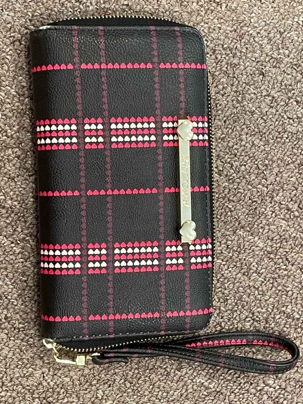 Betsy Johnson plaid zip around wallet black red and pink